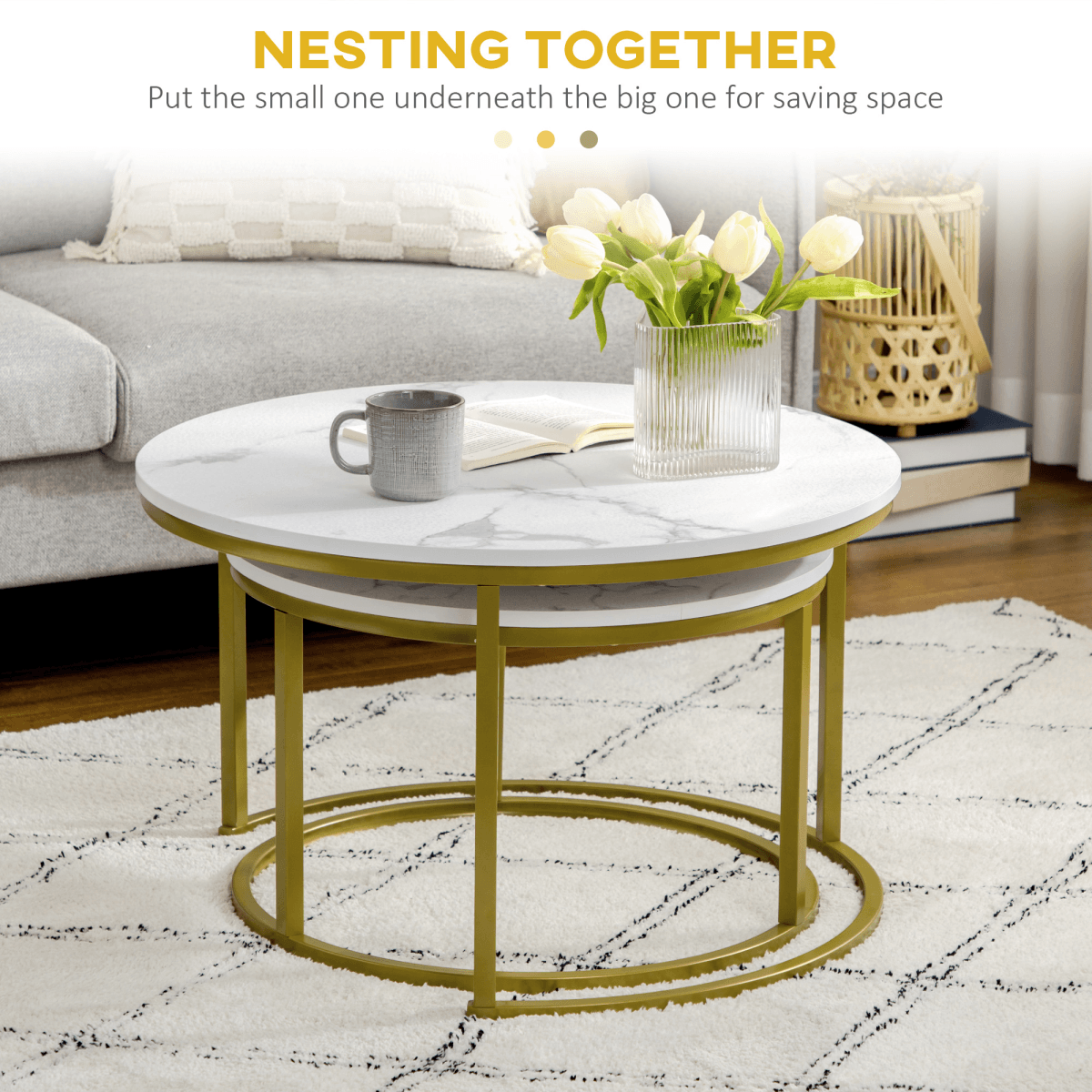 HOMCOM Marble Coffee Table Set of 2, Round Nest of Tables for Living Room