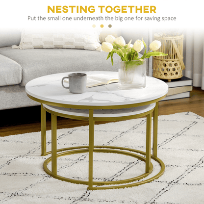 HOMCOM Marble Coffee Table Set of 2, Round Nest of Tables for Living Room
