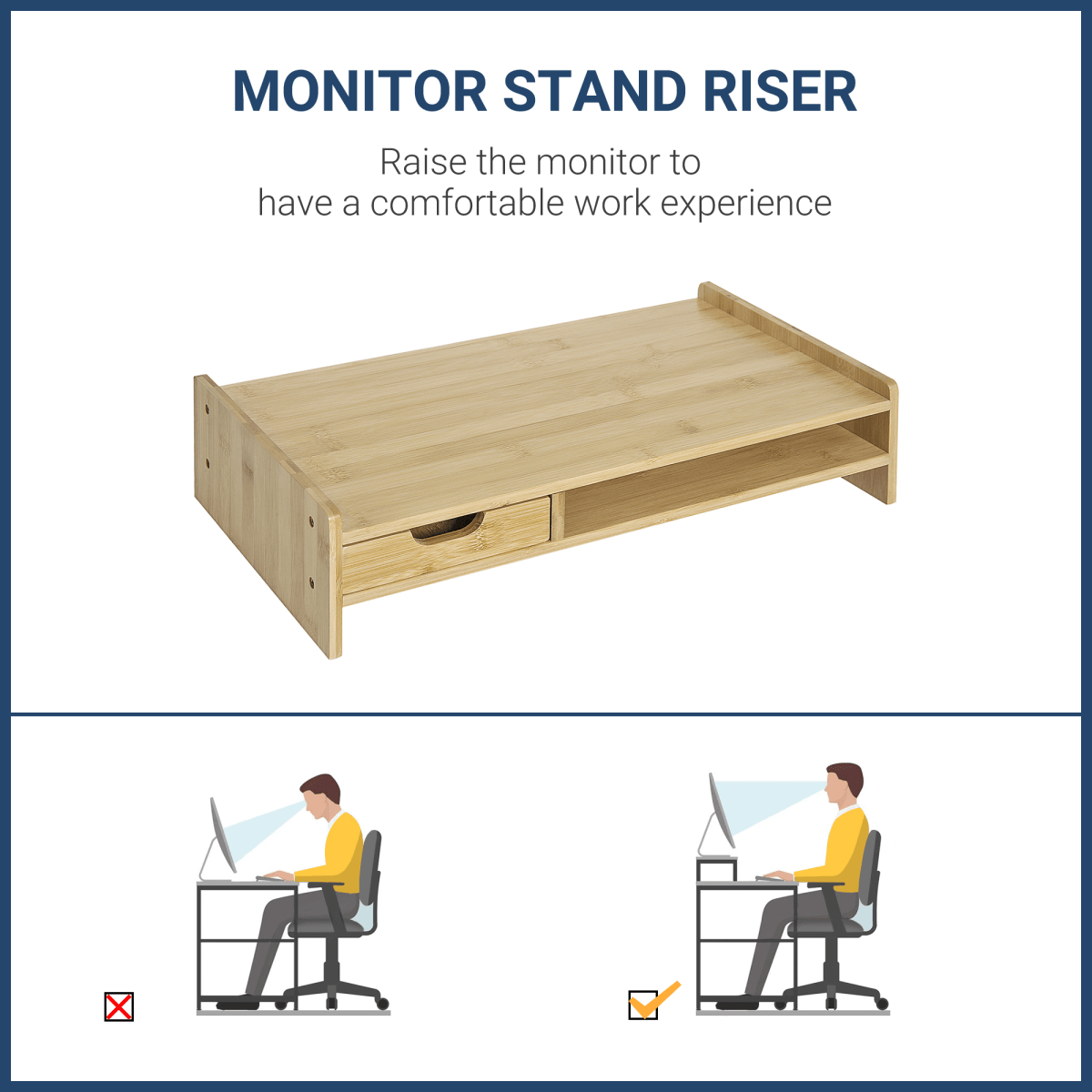 Monitor Riser Laptop PC Plinth Stand Desktop Organiser With Drawer Bamboo