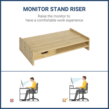Monitor Riser Laptop PC Plinth Stand Desktop Organiser With Drawer Bamboo
