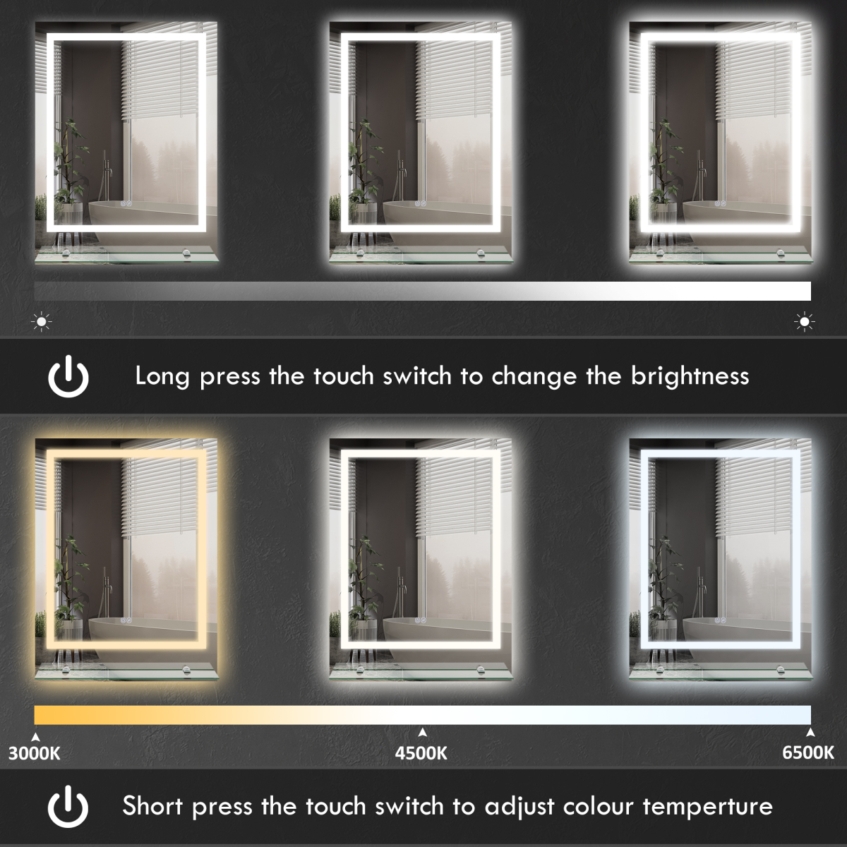 kleankin Dimmable Bathroom Mirror with LED Lights, 3 Colours, Defogging Film