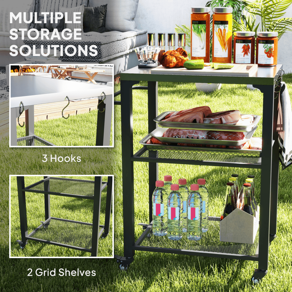 Outsunny 3-Shelf Outdoor Grill Cart, Outdoor Kitchen w/ Stainless Steel Top