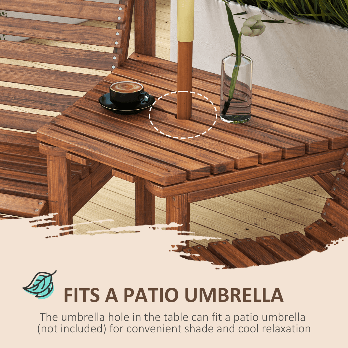 Outsunny Wooden Garden Love Seat Bench with Coffee Table Tan Brown