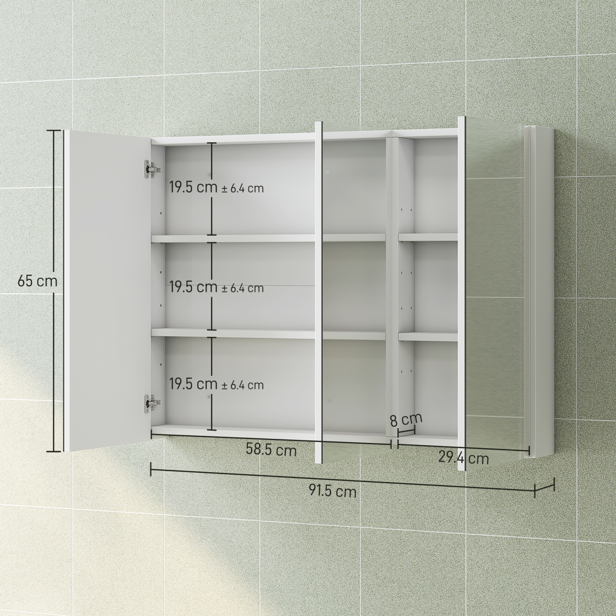 HOMCOM Bathroom Mirror Cabinet with 4 Adjustable Shelves, White, featuring adjustable shelving and dimensions.