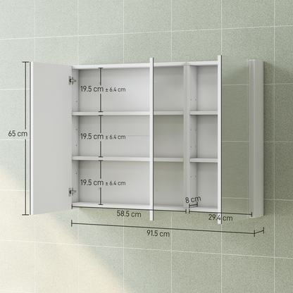 HOMCOM Bathroom Mirror Cabinet with 4 Adjustable Shelves, White, featuring adjustable shelving and dimensions.