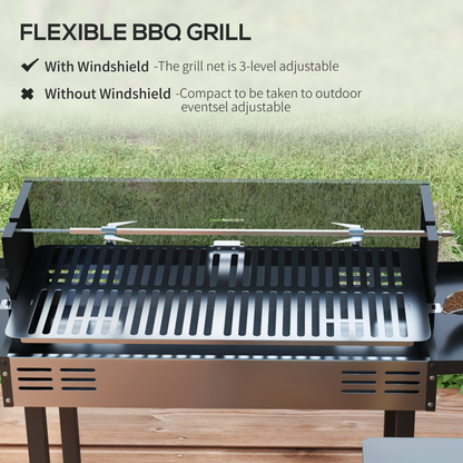 Outsunny Charcoal Spit Roasting Machine with 3-Tier Grill Grate & Foldable Shelves