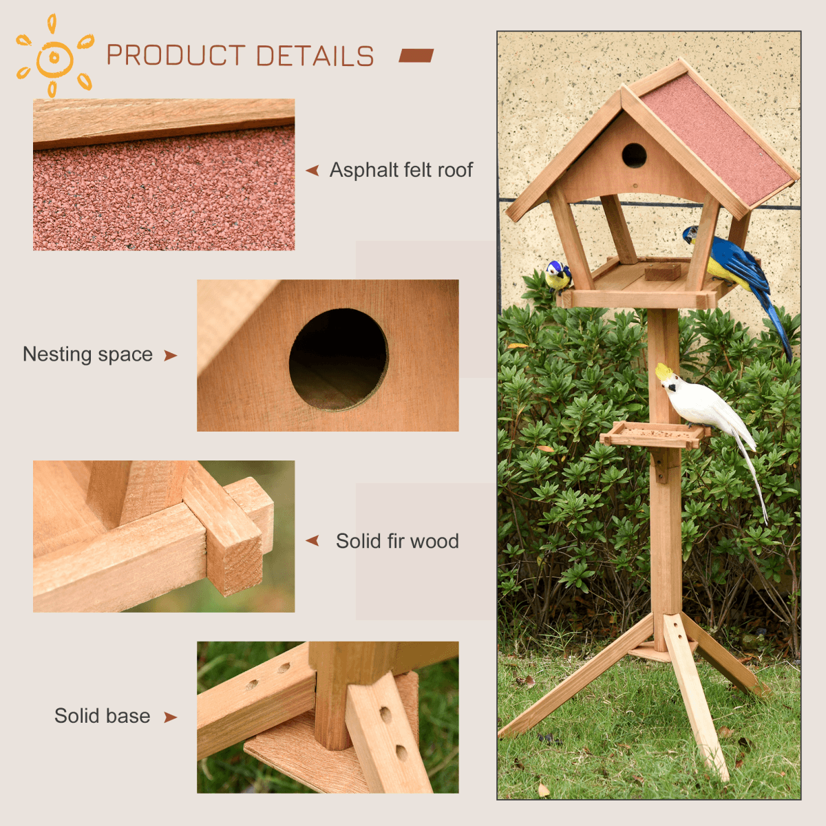 Wooden Bird Feeder Stand for the garden with pitched roof and nesting hole