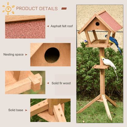 Wooden Bird Feeder Stand for the garden with pitched roof and nesting hole
