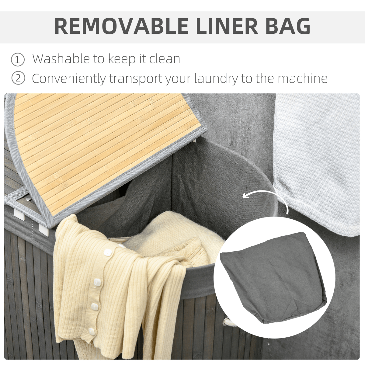 100L Bamboo Laundry, Washing Basket with 2 Compartments - Grey HOMCOM