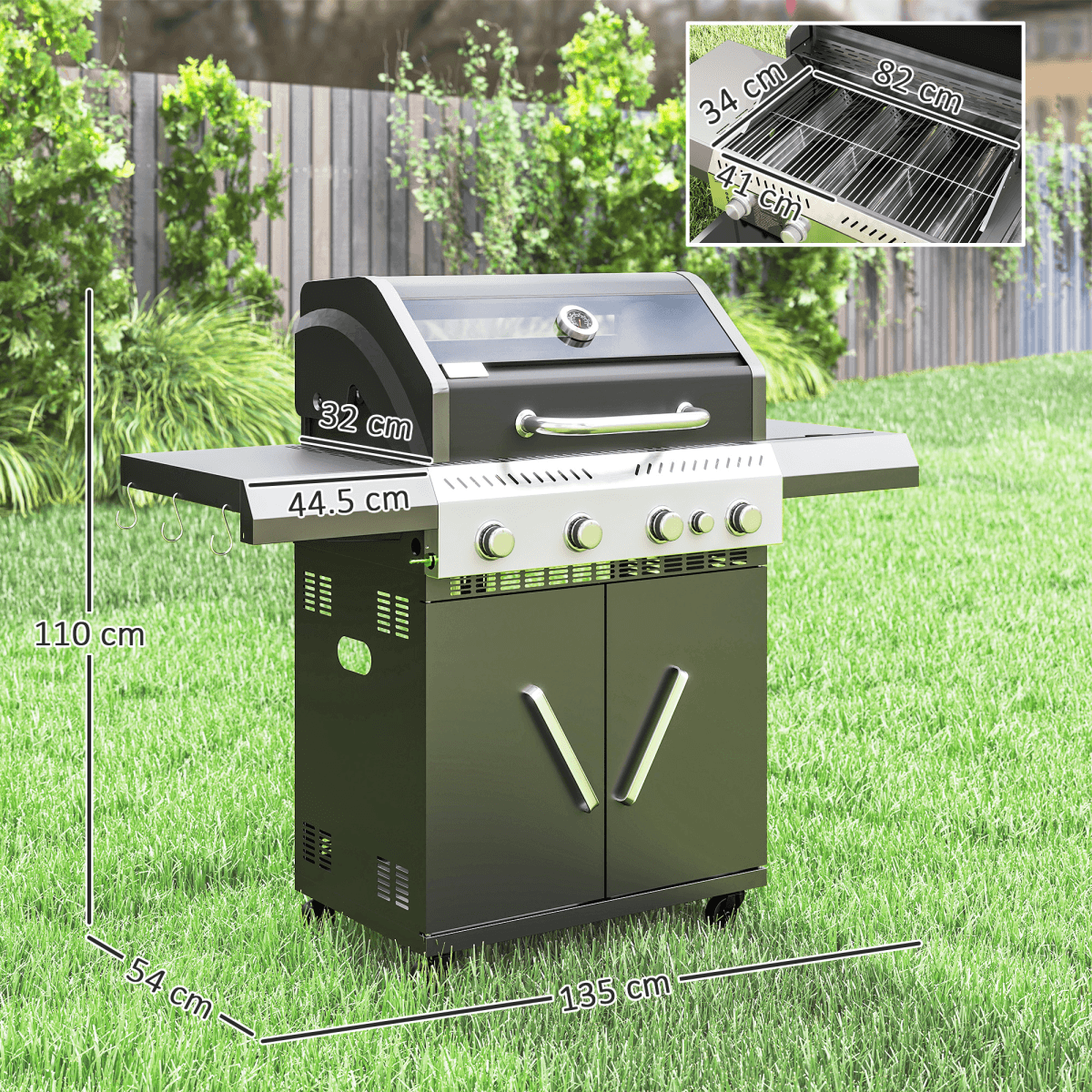 Outsunny 4+1 Burner Gas BBQ Grill with Clear View Lid, Thermometer, Black