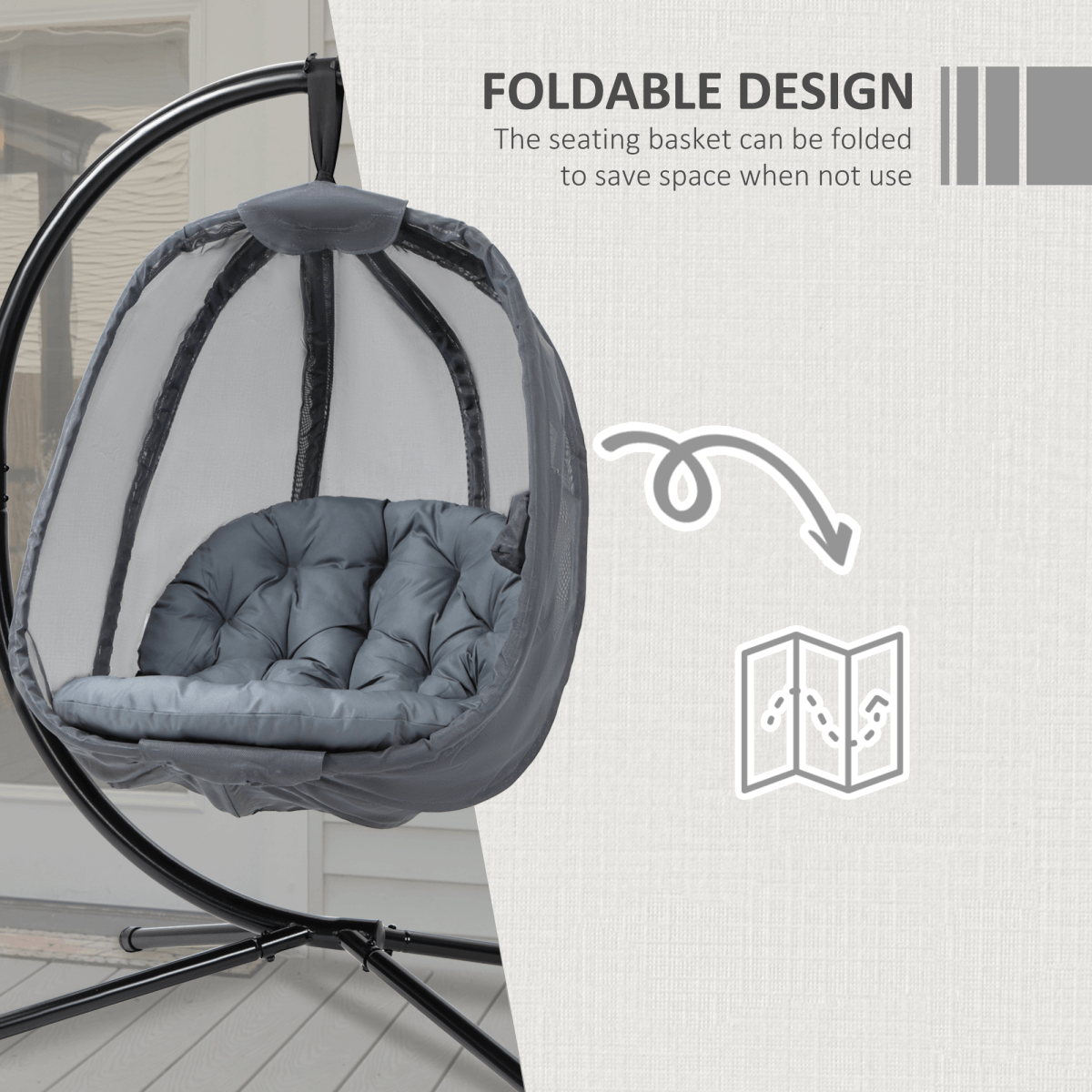 Folding Hanging Egg Chair with Cushion and Stand - Grey