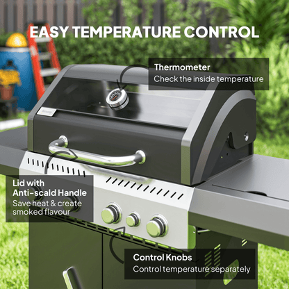 Outsunny 4+1 Burner Gas BBQ Grill with Clear View Lid, Thermometer, Black