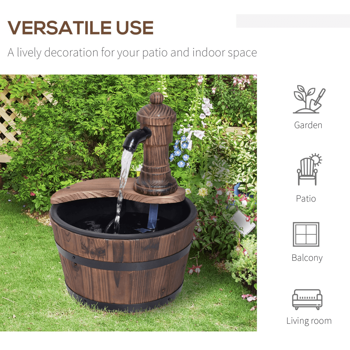 Outsunny Barrel Water Pump Fountain Rustic Wood Electric Water Feature Garden