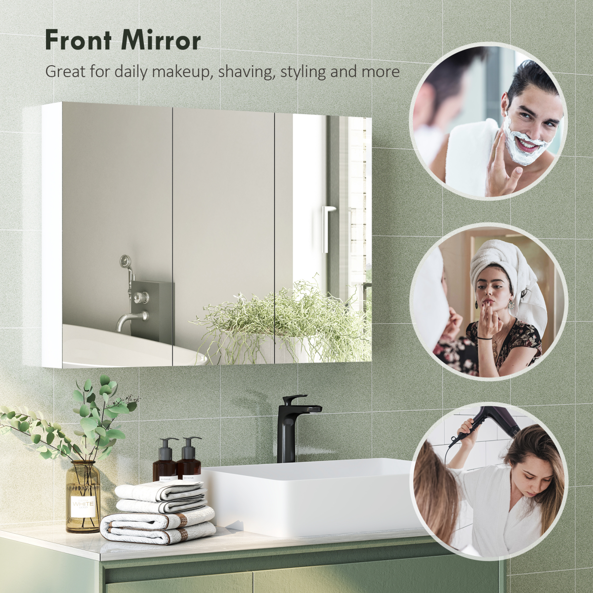 HOMCOM Bathroom Mirror Cabinet with 4 Adjustable Shelves, White showcased with daily makeup and grooming uses.