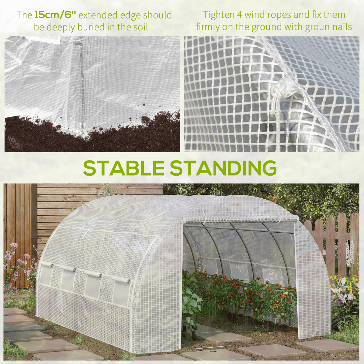 4 x 3 x 2 m Polytunnel Greenhouse With Steel Frame White with dual roll-up sides for airflow and access