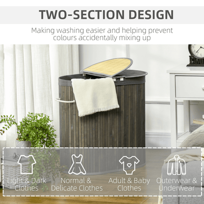100L Bamboo Laundry, Washing Basket with 2 Compartments - Grey HOMCOM