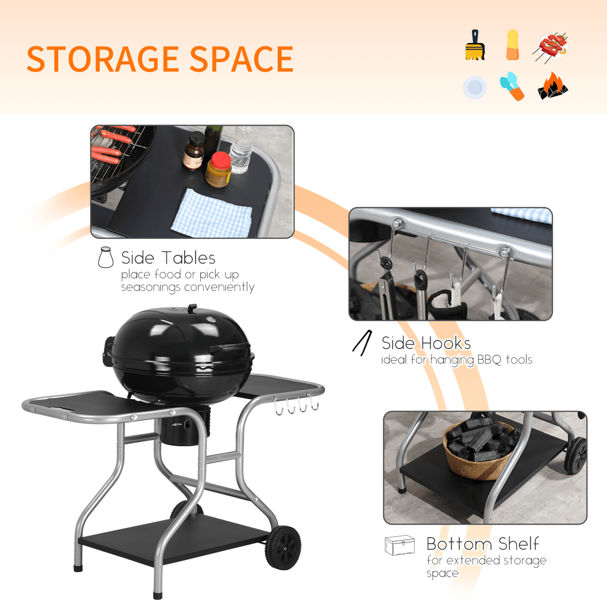 Outsunny Garden Charcoal Trolley Barbecue Grill with Wheels-Black