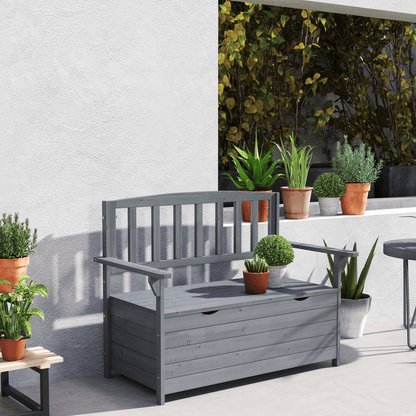 Outsunny Garden Storage Bench, 2 Seater Fir Wood Outdoor Bench, Dark Grey