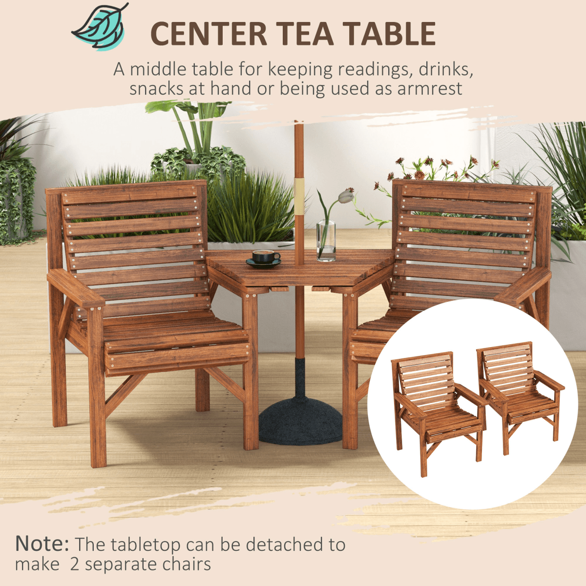 Outsunny Wooden Garden Love Seat Bench with Coffee Table Tan Brown