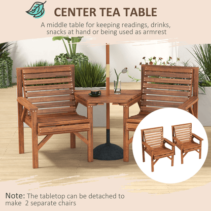 Outsunny Wooden Garden Love Seat Bench with Coffee Table Tan Brown