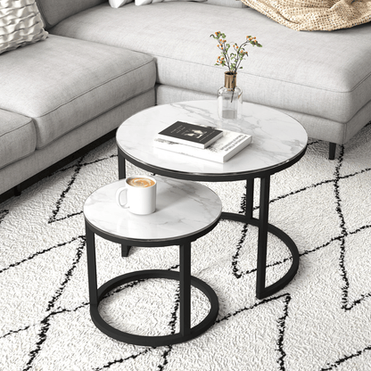 HOMCOM Glass Coffee Table Set of 2, Round Nest of Tables for Living Room
