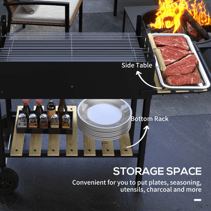 Outsunny Charcoal BBQ Grill with Side Table, Storage Shelf and Wheels