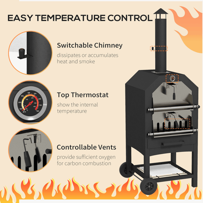 Outsunny Outdoor Pizza Oven Charcoal Grill with Rain Cover, Shelf and Wheels
