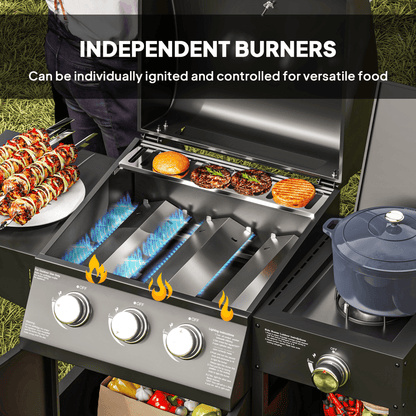 Outsunny 9.5 kW Gas Barbecue with 3+1 Burner, Storage Cabinet and Shelves