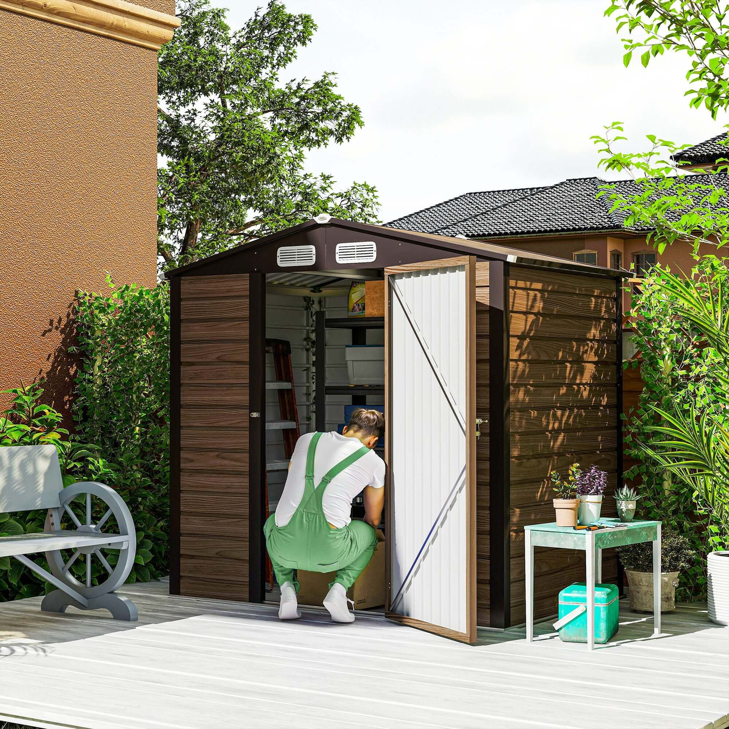Outsunny 6.2 x 4.3ft Garden Metal Shed with Vent for Garden, Patio, Oak