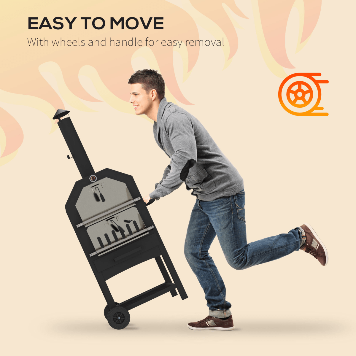 Outsunny Outdoor Pizza Oven Charcoal Grill with Rain Cover, Shelf and Wheels