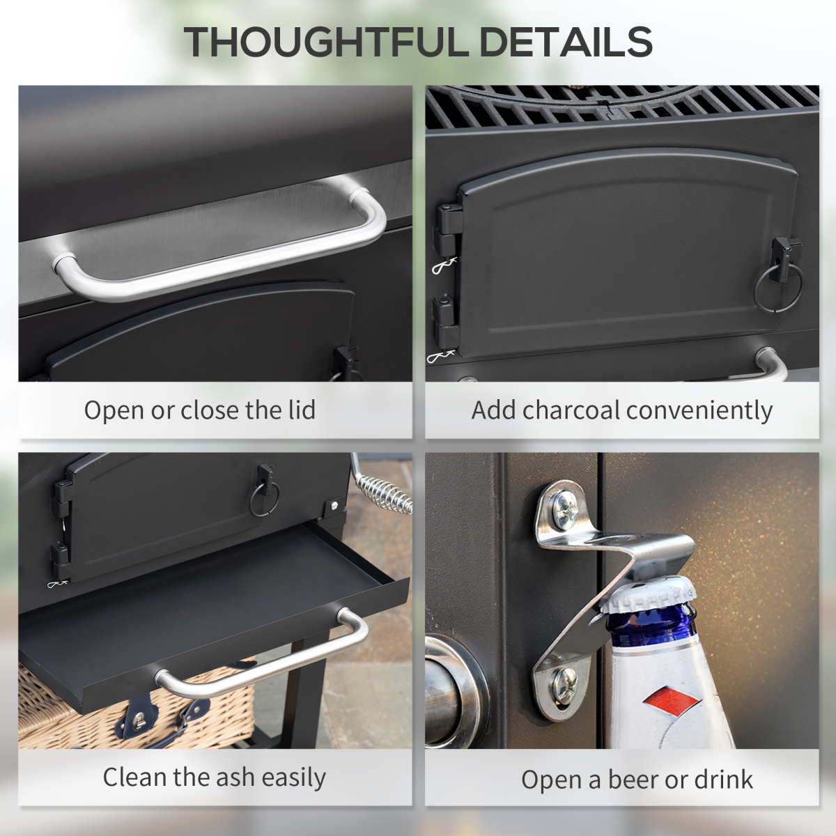 Outsunny Charcoal Grill BBQ Trolley with Adjustable Charcoal Height & Thermometer