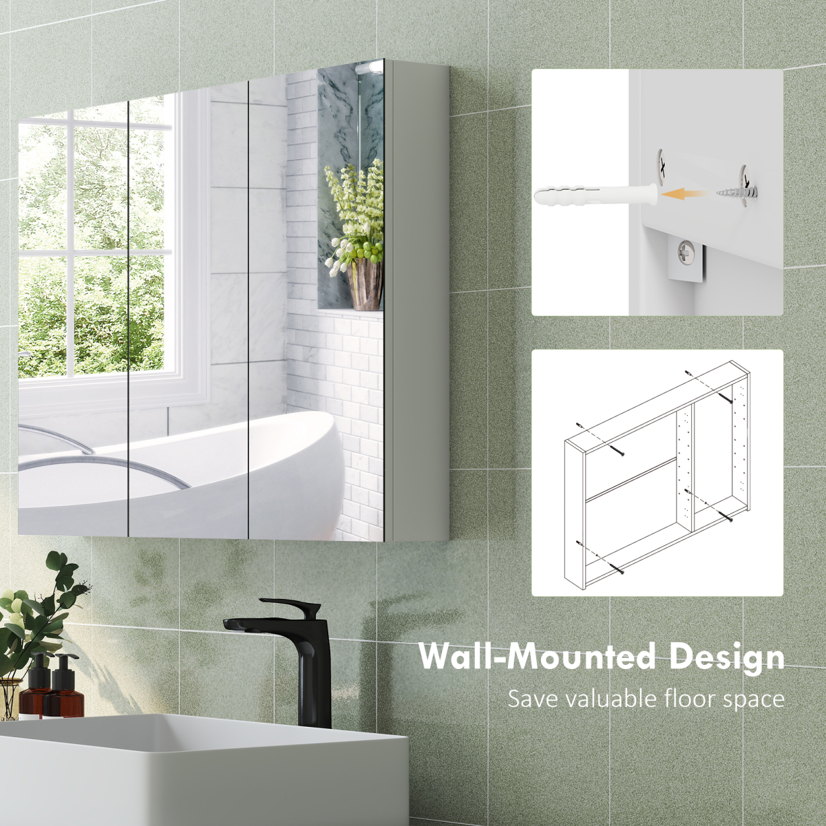 HOMCOM Bathroom Mirror Cabinet with 4 Adjustable Shelves, White showcasing wall-mounted design and floor space saving features.