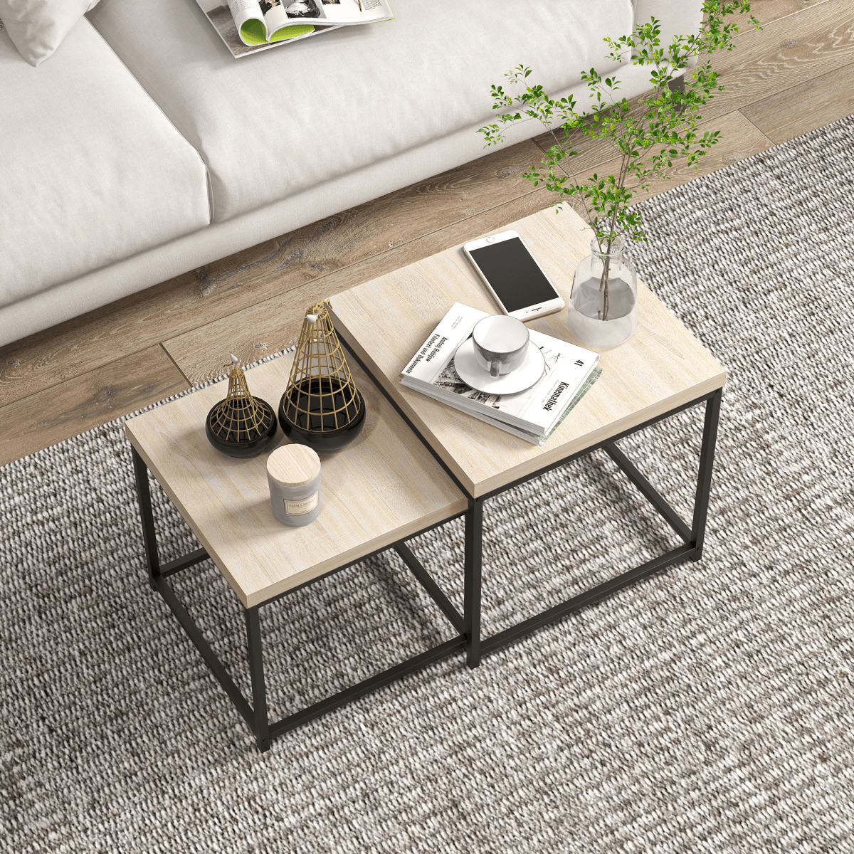 HOMCOM Coffee Table Set of 2, Nest of Tables with 3.5cm Thick Tabletop