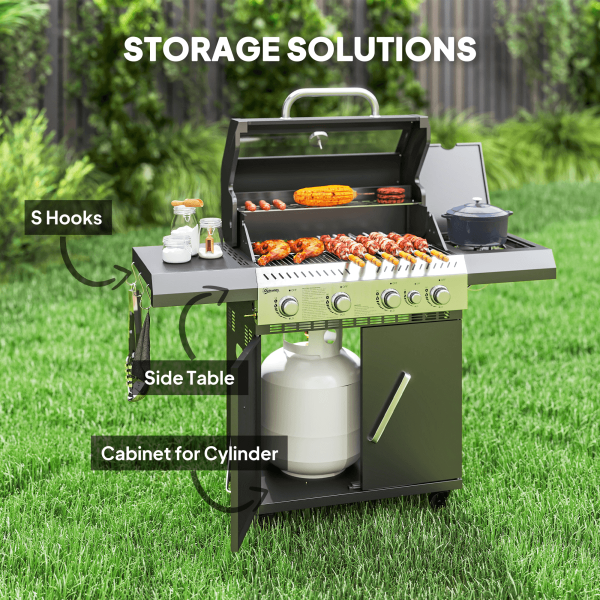 Outsunny 4+1 Burner Gas BBQ Grill with Clear View Lid, Thermometer, Black