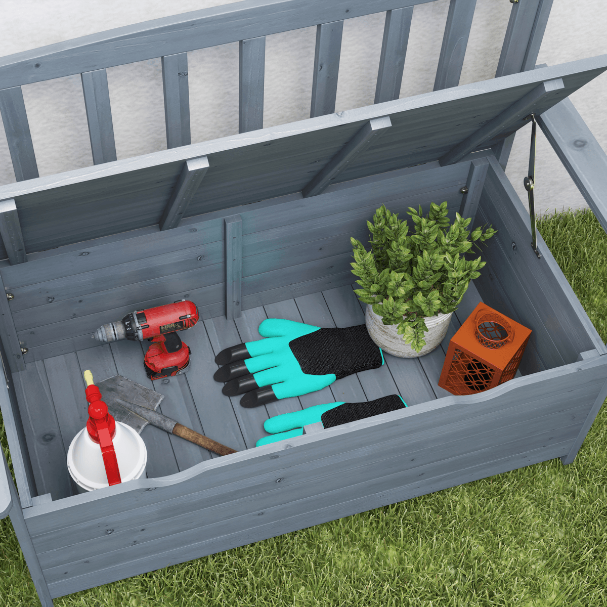 Outsunny Garden Storage Bench, 2 Seater Fir Wood Outdoor Bench, Dark Grey