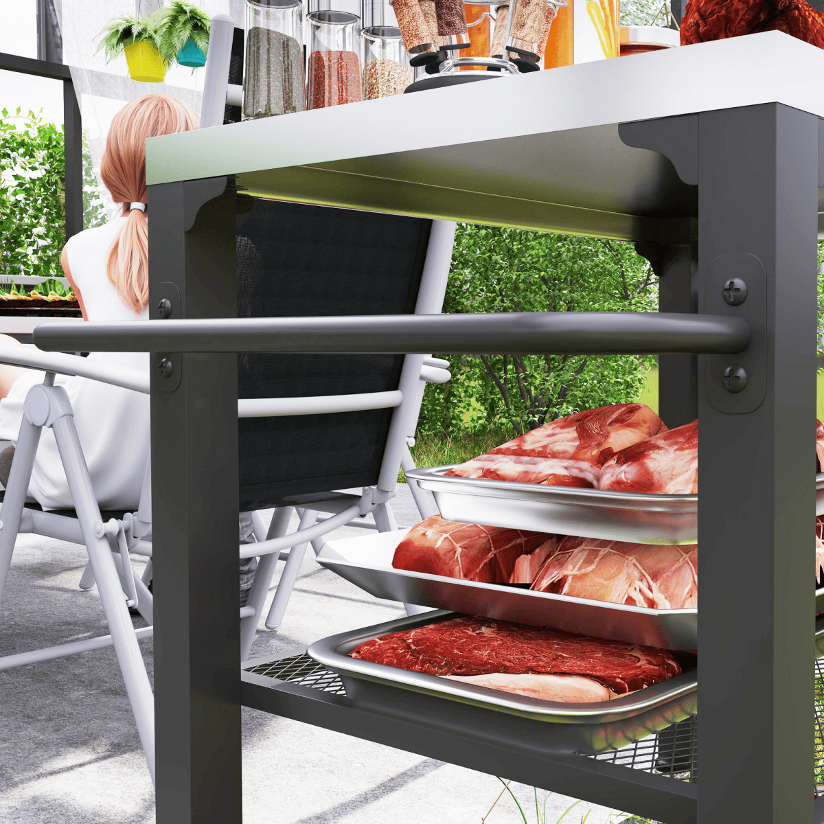 Outsunny 3-Shelf Outdoor Grill Cart, Outdoor Kitchen w/ Stainless Steel Top