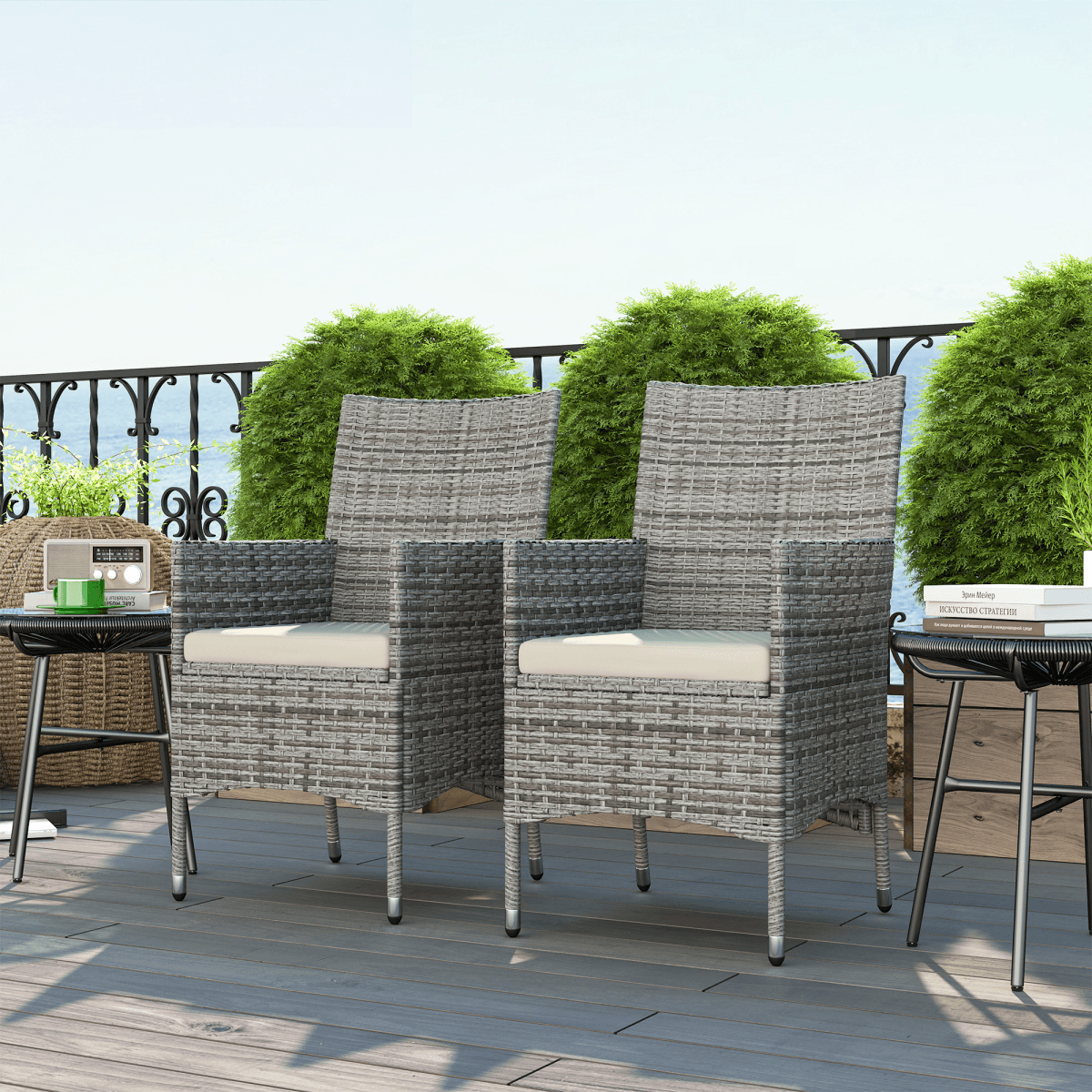 Outsunny 2 Pieces Outdoor Rattan Armchair Garden Dining Chair Set Mixed Grey