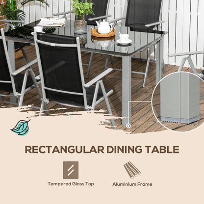 7pc Outdoor Dining Table and 6 Folding Chairs, Aluminium Patio Dining Set Black