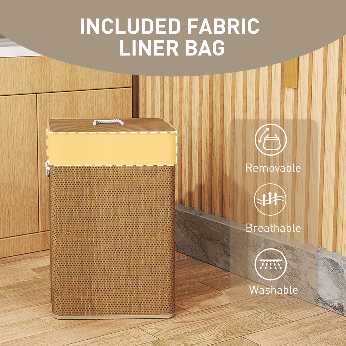 HOMCOM Laundry Hamper with Removable Washable Liner Bag, Natural Light Brown