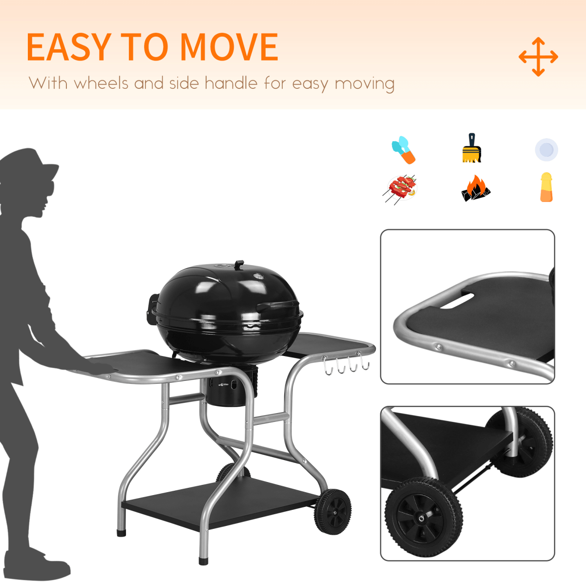 Outsunny Garden Charcoal Trolley Barbecue Grill with Wheels-Black