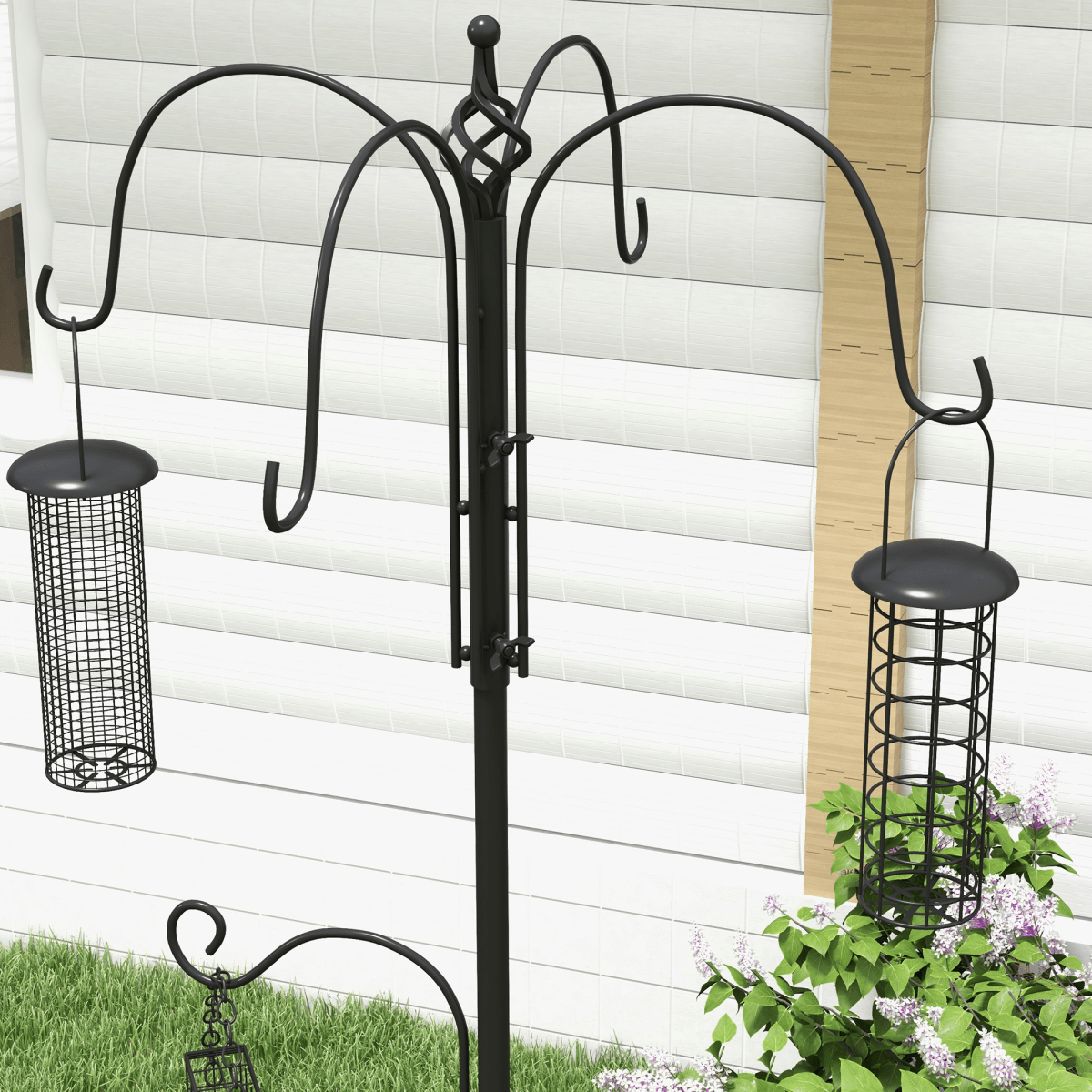 Bird Feeding Station Kit Wild Bird Feeder Pole w/ 6 Hooks 4 Hanging Feeders