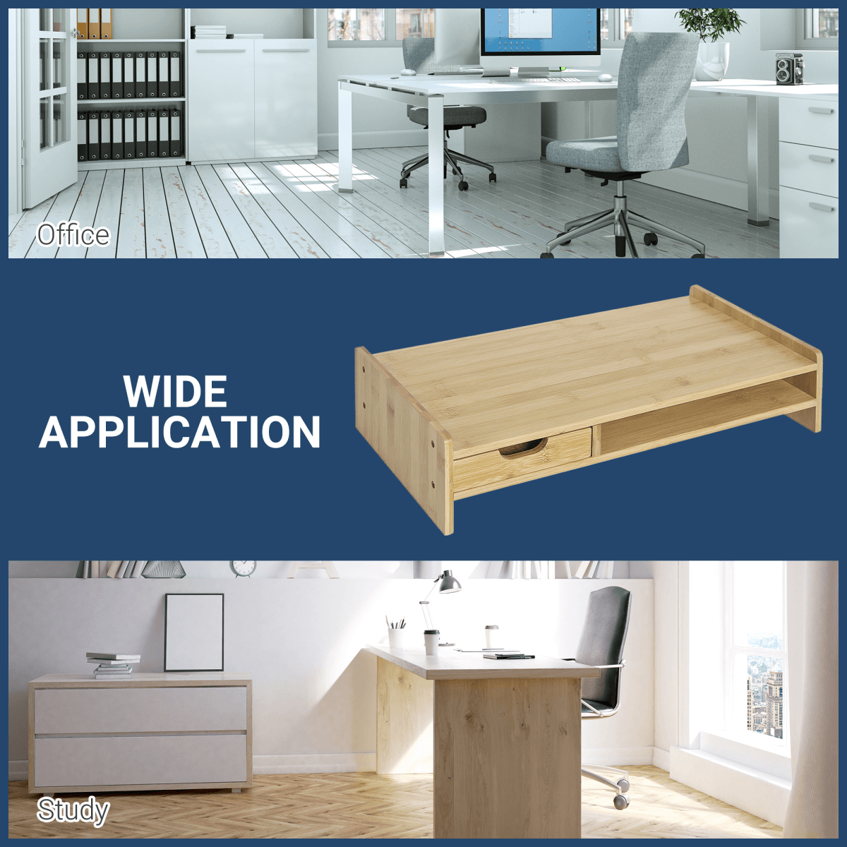 Monitor Riser Laptop PC Plinth Stand Desktop Organiser With Drawer Bamboo