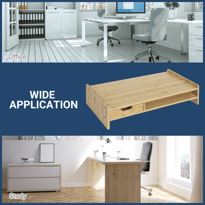 Monitor Riser Laptop PC Plinth Stand Desktop Organiser With Drawer Bamboo