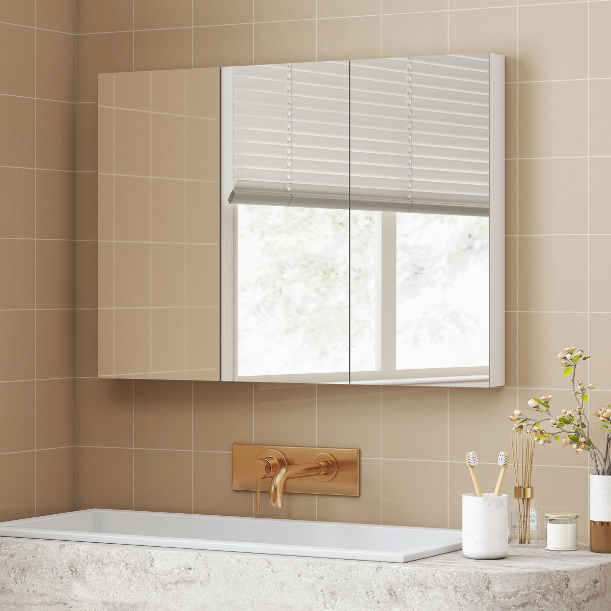 HOMCOM Bathroom Mirror Cabinet with 4 Adjustable Shelves, White in modern bathroom setting with stylish decor