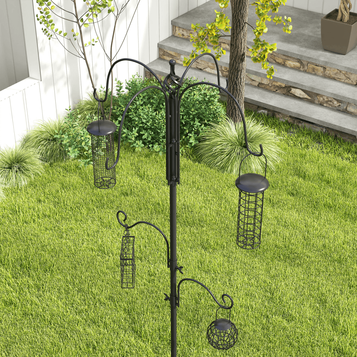 Bird Feeding Station Kit Wild Bird Feeder Pole w/ 6 Hooks 4 Hanging Feeders