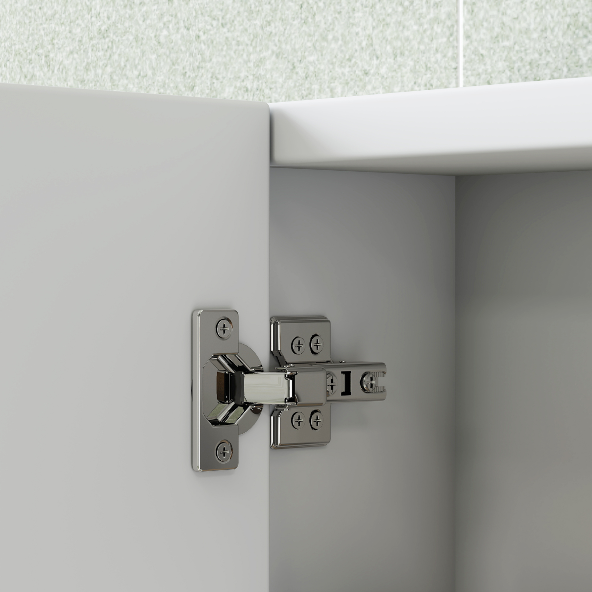 HOMCOM Bathroom Mirror Cabinet with 4 Adjustable Shelves, White hinge mechanism close-up showing chrome detail.