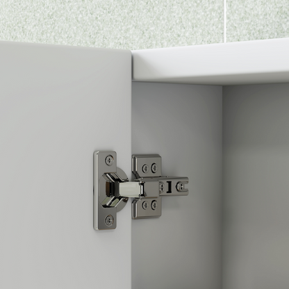 HOMCOM Bathroom Mirror Cabinet with 4 Adjustable Shelves, White hinge mechanism close-up showing chrome detail.