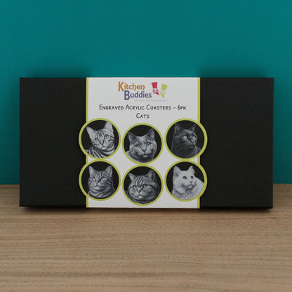 Gift Packed Set of 6 Engraved Acrylic Coasters - Cats