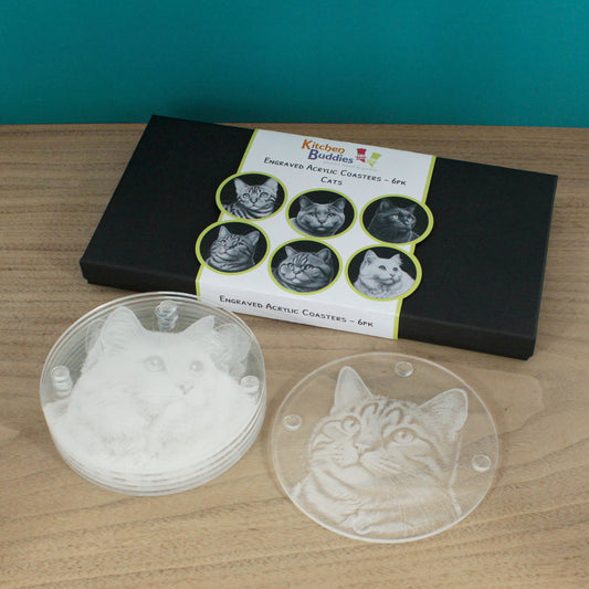 Gift Packed Set of 6 Engraved Acrylic Coasters - Cats