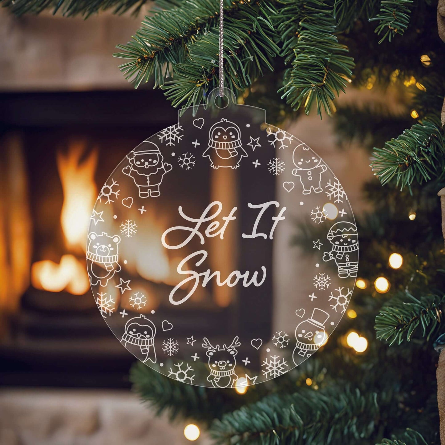 Let It Snow Christmas Cuties Tree Baubles - Set of 3 Engraved Clear Acrylic Festive Decorations - 8.8 cm
